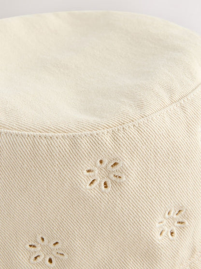 Stone/Cream Laser Cut Embroidery Bucket Hat (3mths-16yrs) - Size 3-9 Months (62-74cm)
