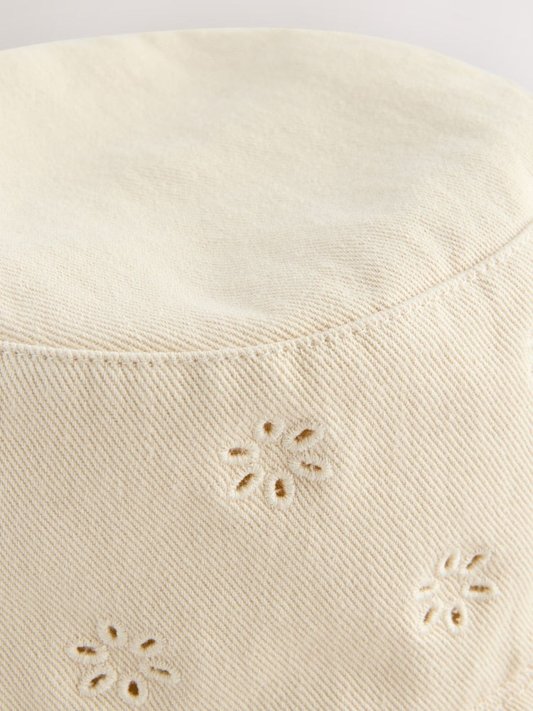 Stone/Cream Laser Cut Embroidery Bucket Hat (3mths-16yrs) - Size 3-9 Months (62-74cm)