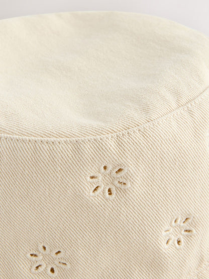 Stone/Cream Laser Cut Embroidery Bucket Hat (3mths-16yrs) - Size 3-9 Months (62-74cm)