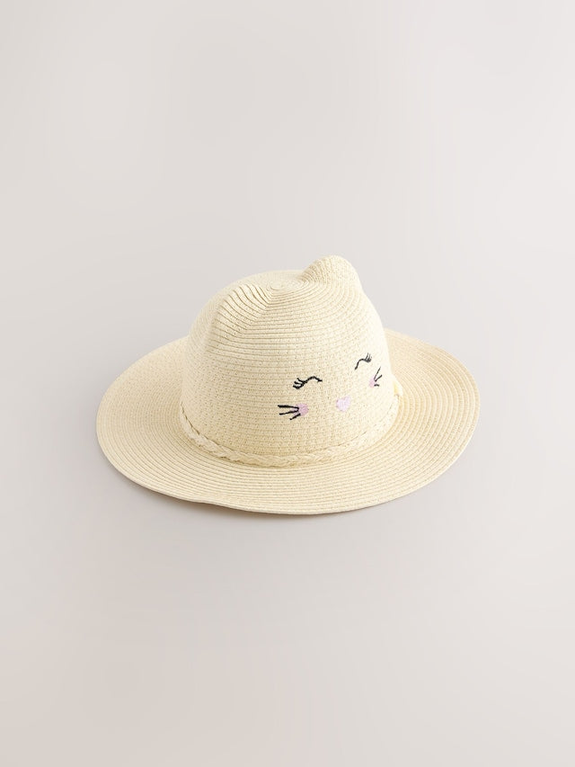 Cream Cat Straw Sun Hat (3mths-13yrs) - Size 3-9 Months (62-74cm)