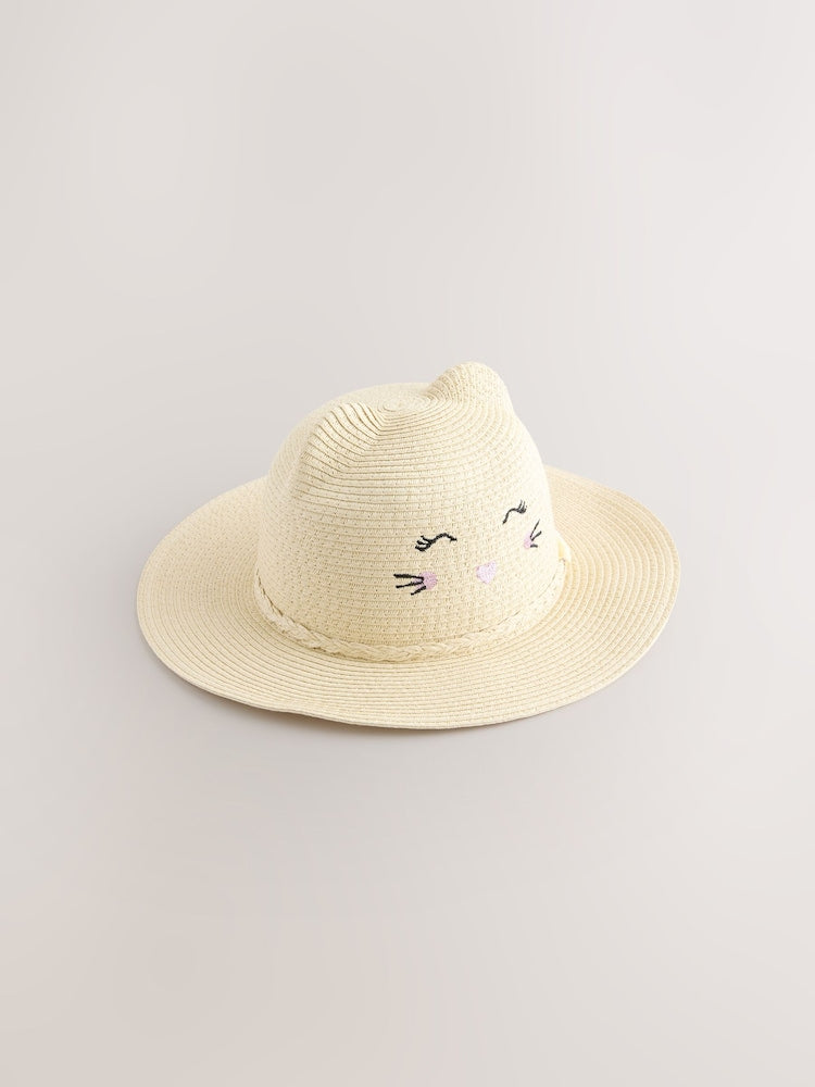 Cream Cat Straw Sun Hat (3mths-13yrs) - Size 3-9 Months (62-74cm)