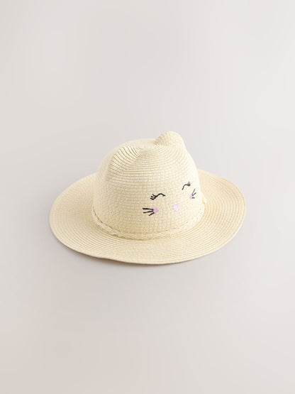 Cream Cat Straw Sun Hat (3mths-13yrs) - Size 3-9 Months (62-74cm) - Default 1