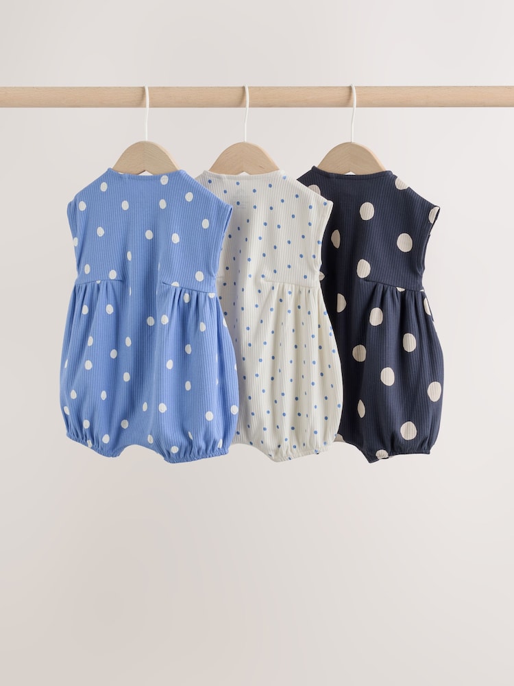 Blue/White Button Through Button Through Baby Rompers 3 Pack