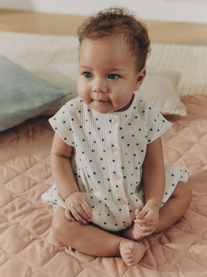 Blue/White Button Through Button Through Baby Rompers 3 Pack