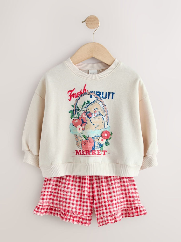 Cream Gingham Fruit Market Crew Neck Sweatshirt &amp; Shorts Set (3mths-7yrs)