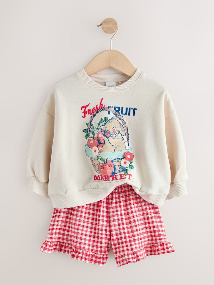 Cream Gingham Fruit Market Crew Neck Sweatshirt &amp; Shorts Set (3mths-7yrs)