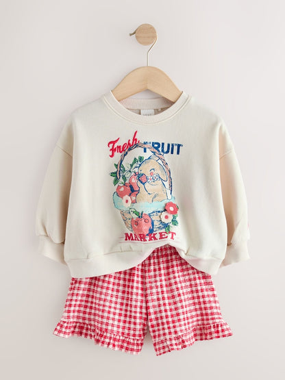 Cream Gingham Fruit Market Crew Neck Sweatshirt &amp; Shorts Set (3mths-7yrs)