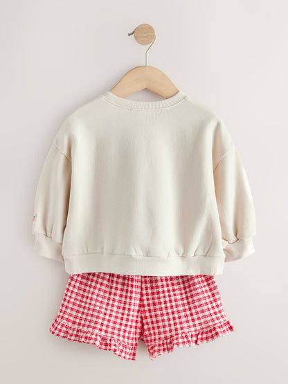 Cream Gingham Fruit Market Crew Neck Sweatshirt &amp; Shorts Set (3mths-7yrs)