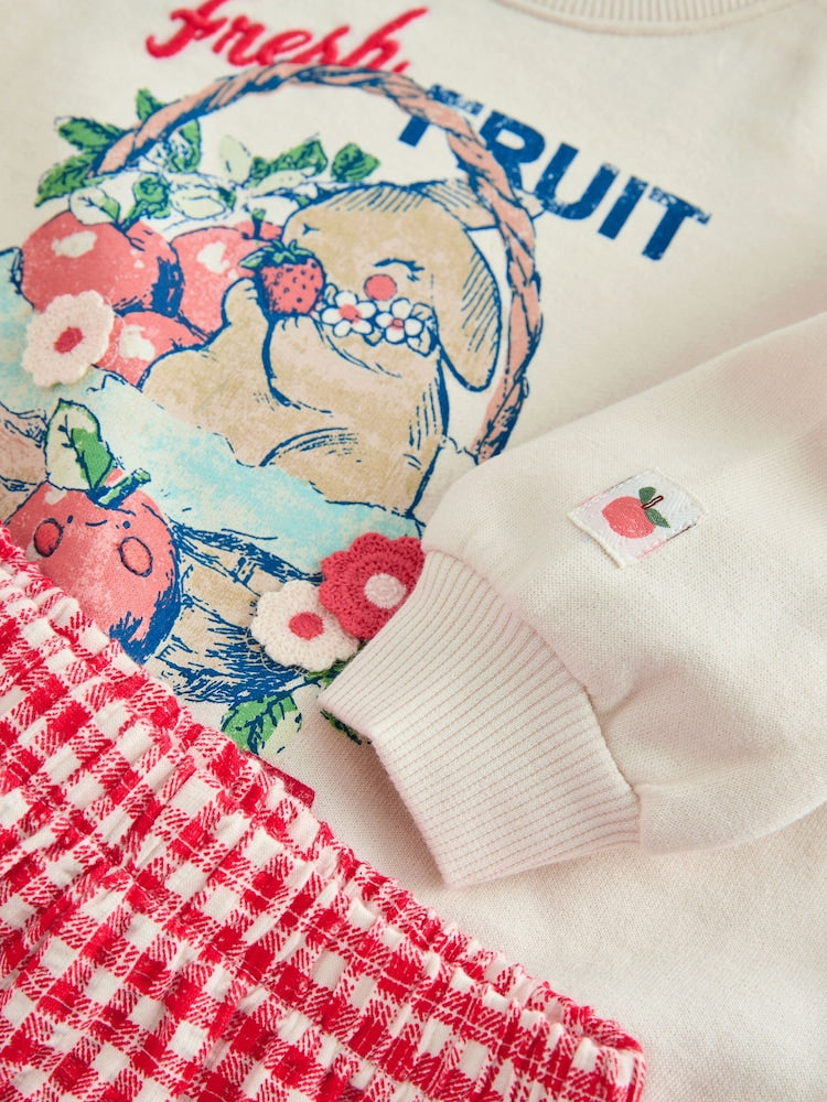 Cream Gingham Fruit Market Crew Neck Sweatshirt &amp; Shorts Set (3mths-7yrs)