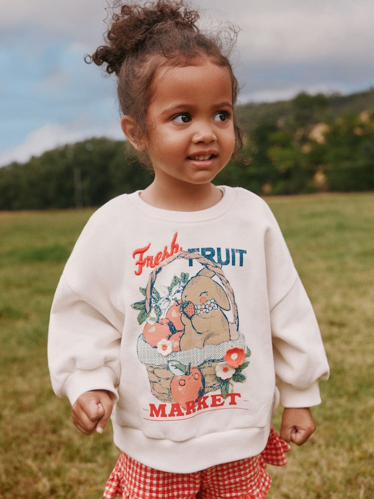 Cream Gingham Fruit Market Crew Neck Sweatshirt &amp; Shorts Set (3mths-7yrs)