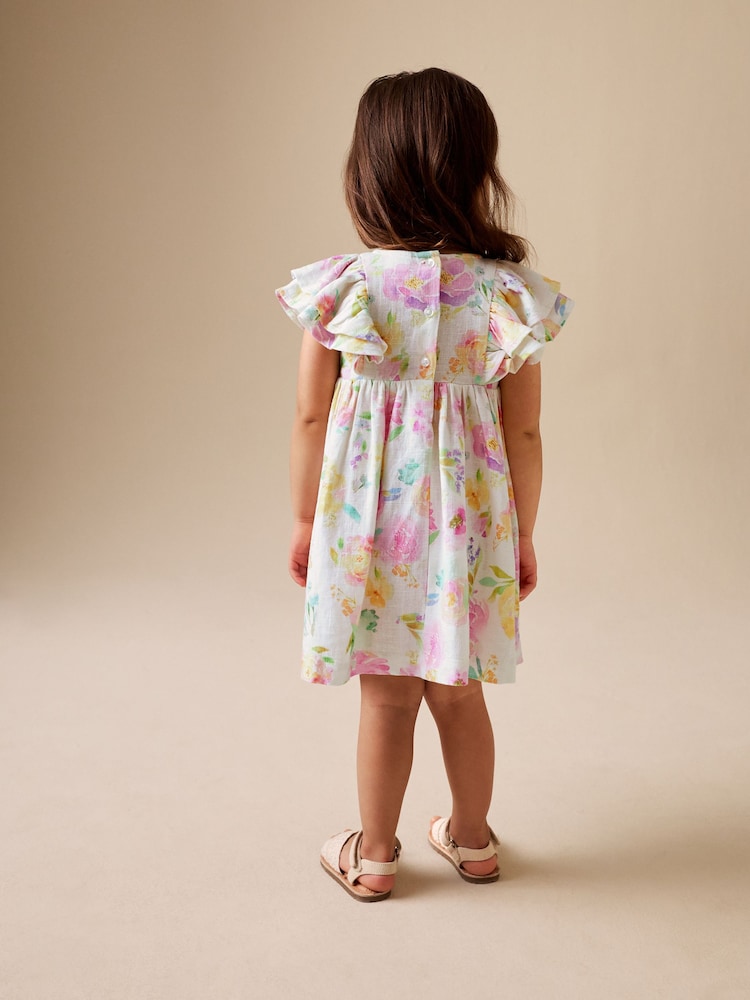 Lilac Floral Linen Frill Sleeve Dress (3mths-8yrs)