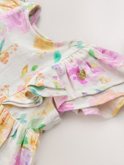 Lilac Floral Linen Frill Sleeve Dress (3mths-8yrs)