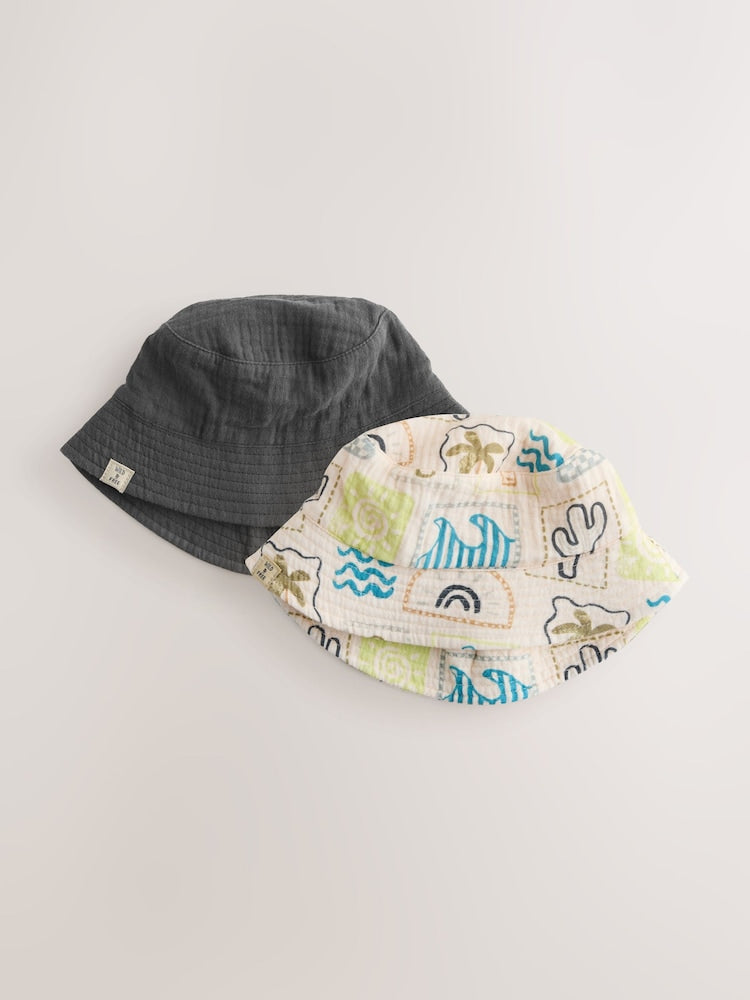 Grey Stampy Printed Woven Baby Bucket Hats 2 Pack - Grey Stampy Printed Woven / Up To 3 Months (50 - 62cm)