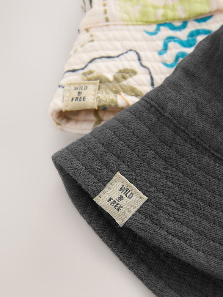 Grey Stampy Printed Woven Baby Bucket Hats 2 Pack