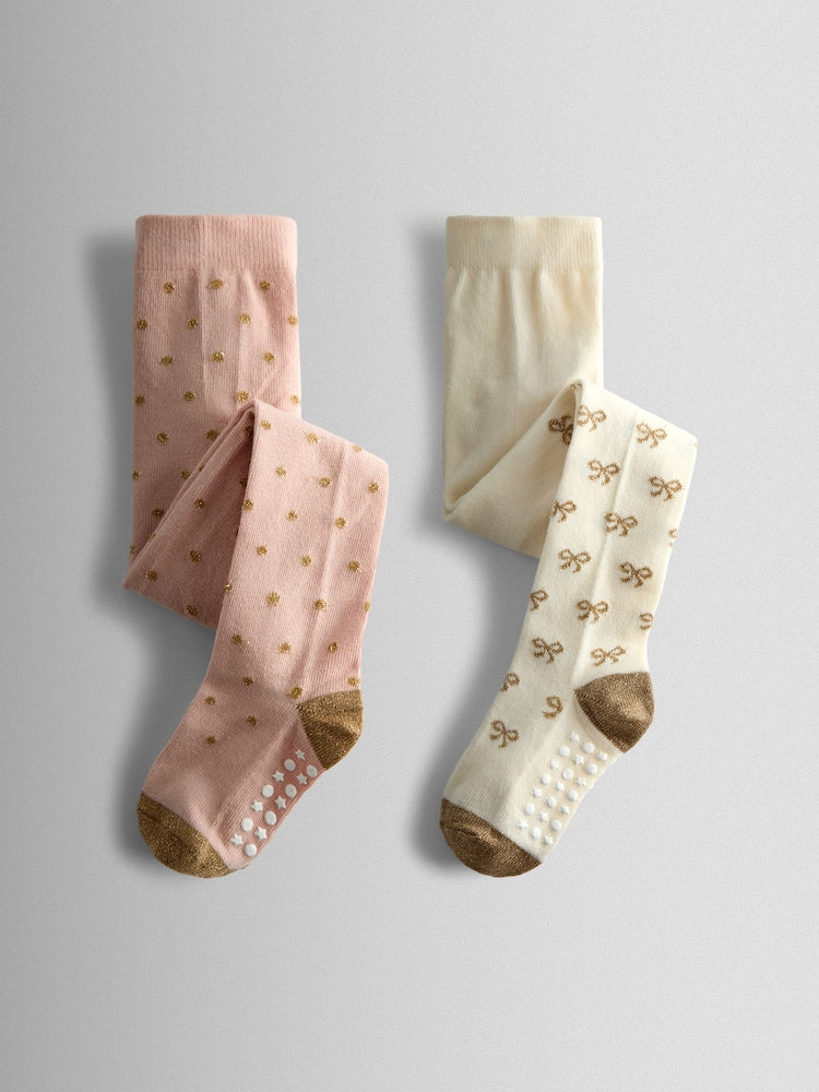 JoJo Maman Bébé Pink 2-Pack Glitter Cotton Rich Tights - Size Up To 6 Months (50 - 68cm)