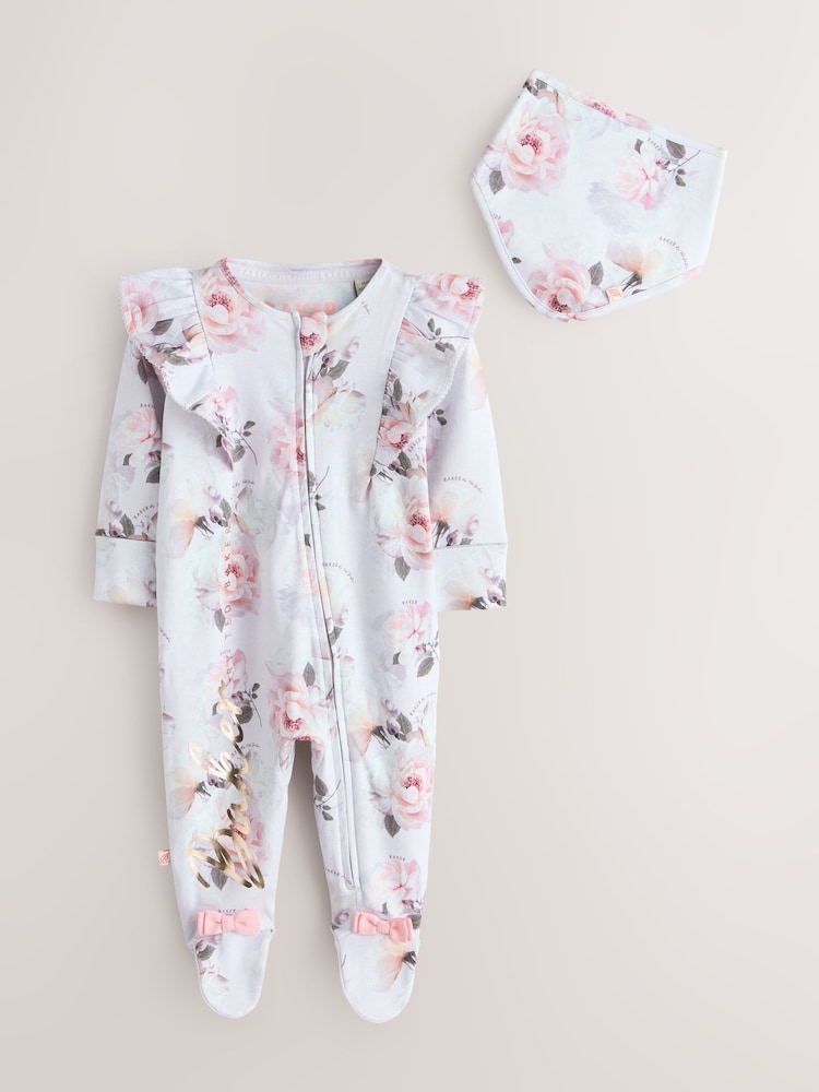 Baker by Ted Baker 2 Piece Frill Sleepsuit &amp; Bib Set - Size Newborn - Lilac Purple