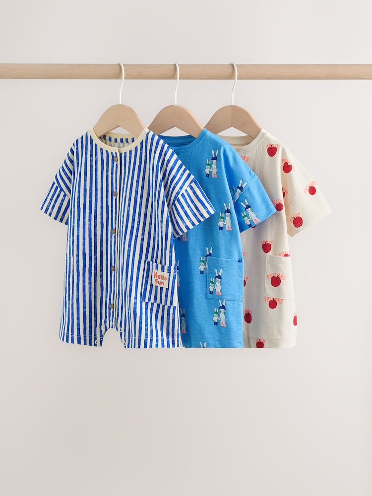 Blue/Ecru Printed Jersey Baby Rompers 3 Pack - Size 50cm (First Size)