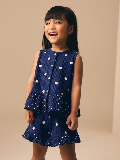 Navy Spot Peplum Vest and Shorts Set (3mths-7yrs) - Navy Spot Peplum Vest and / 12-18 Months (80-86cm)