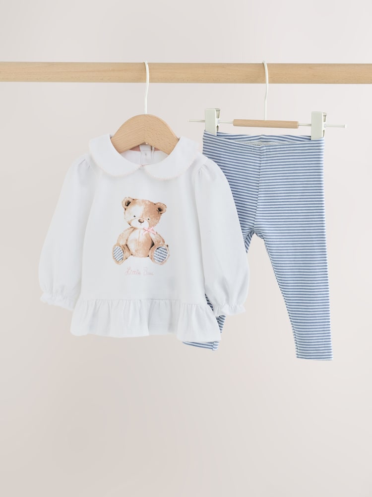 White/Blue Bear Baby T-Shirt And Leggings 2 Piece Set (0mths-2yrs) - Up to 1 Month (50-56cm)