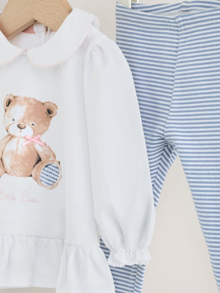 White/Blue Bear Baby T-Shirt And Leggings 2 Piece Set (0mths-2yrs)