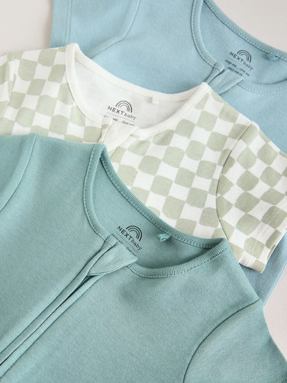 Green Two Way Zip Baby Rompers 3 Pack (0mths-3yrs)