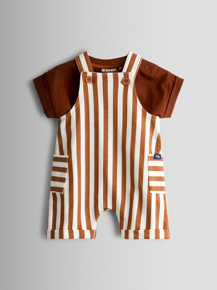 JoJo Maman Bébé Brown 2-Piece Stripe Appliqué Dungarees &amp; T-Shirt Set - Up To 3 Months (50 - 62cm)