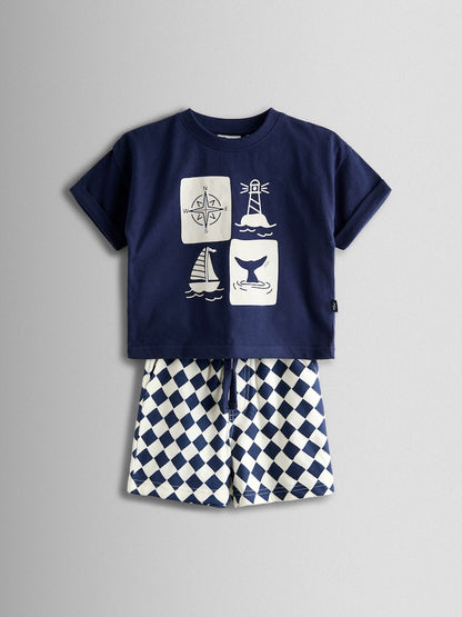 JoJo Maman Bébé Navy Nautical Printed T-Shirt &amp; Shorts Set - Navy Nautical / 12-18 Months (80-86cm)