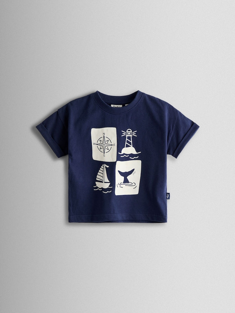 JoJo Maman Bébé Navy Nautical Printed T-Shirt &amp; Shorts Set