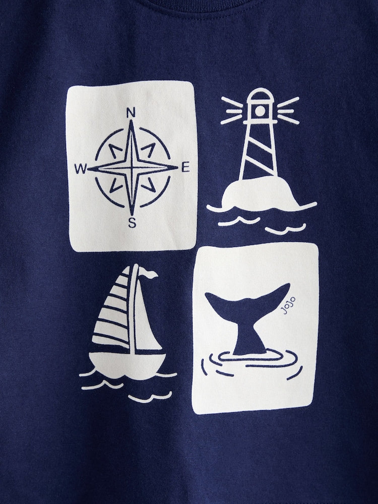 JoJo Maman Bébé Navy Nautical Printed T-Shirt &amp; Shorts Set