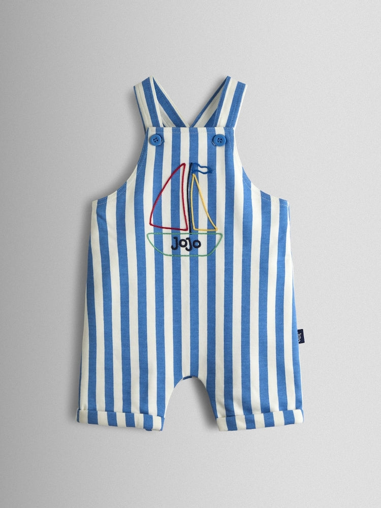 JoJo Maman Bébé Blue Boat 2-Piece Appliqué Stripe Dungarees &amp; T-Shirt Set