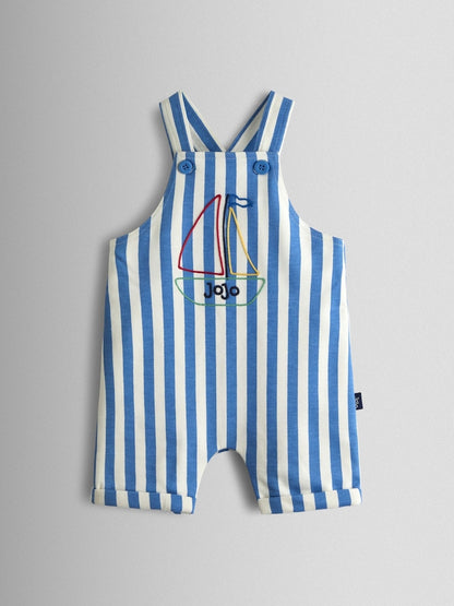 JoJo Maman Bébé Blue Boat 2-Piece Appliqué Stripe Dungarees &amp; T-Shirt Set