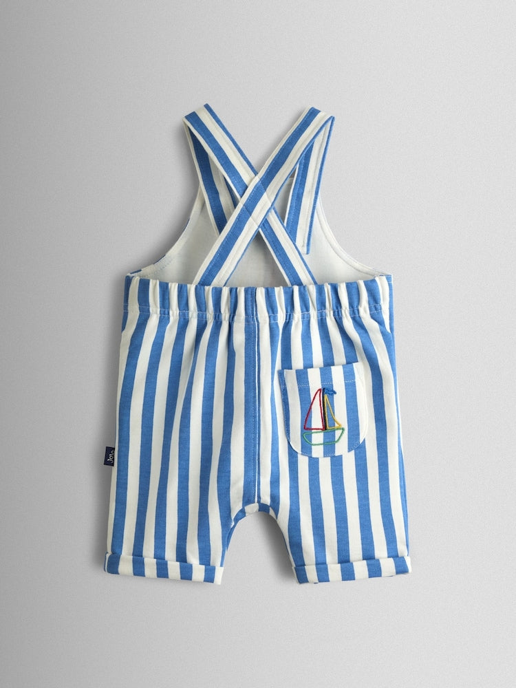 JoJo Maman Bébé Blue Boat 2-Piece Appliqué Stripe Dungarees &amp; T-Shirt Set