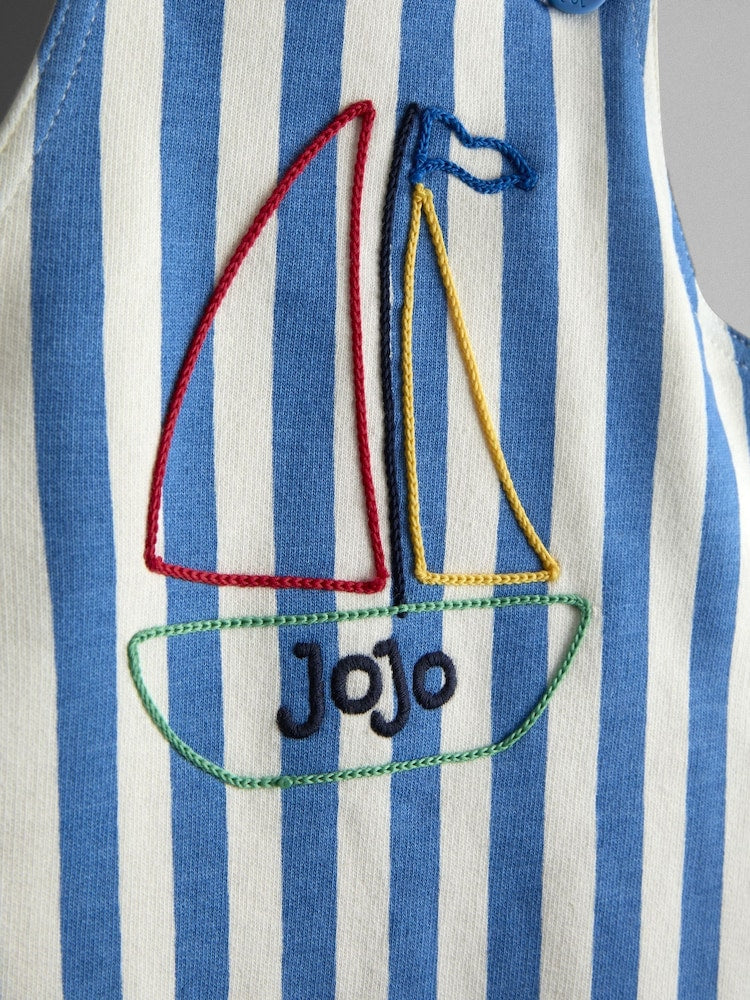 JoJo Maman Bébé Blue Boat 2-Piece Appliqué Stripe Dungarees &amp; T-Shirt Set