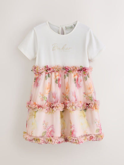 Baker by Ted Baker Floral Ruffle Mesh Mockable Blue Dress