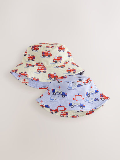 Red/White/Blue Emergency Vehicles Reversible Bucket Hat (3mths-16yrs) - Red/White/Blue Emergency Vehicles / 7-10 Years (122-140cm)