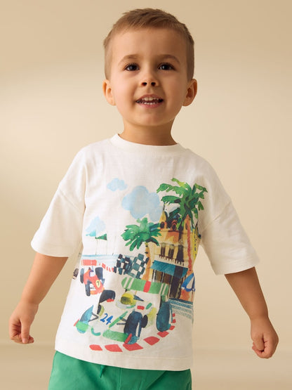 Cream Watercolour Race Car Scene Short Sleeve Back Print T-Shirt (3mths-7yrs) - Size 3-6 Months (62-68cm) - Race Car Scene