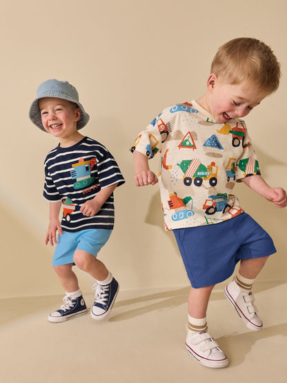 Blue/White Digger Short Sleeve T-Shirt and Shorts Set 2 Pack (3mths-7yrs) - Blue/White Digger / 12-18 Months (80-86cm)