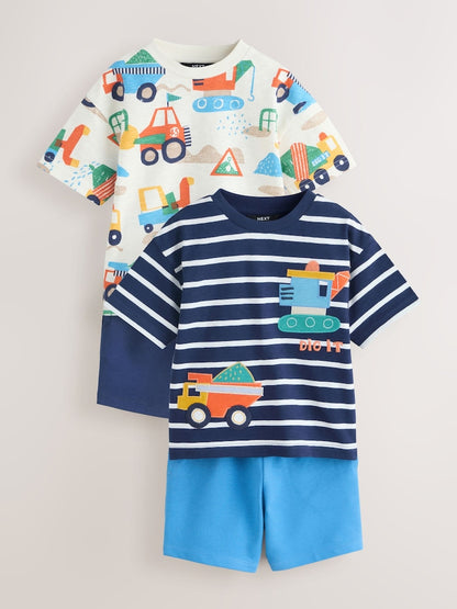 Blue/White Digger Short Sleeve T-Shirt and Shorts Set 2 Pack (3mths-7yrs) - Size 3-6 Months (62-68cm)