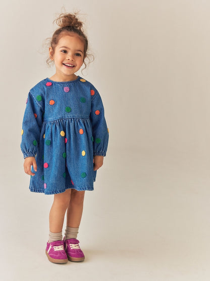 Blue Denim Long Sleeve Boucle Spot Dress (3mths-8yrs) - Blue Denim Long Sleeve Boucle Spot / 12-18 Months (80-86cm)