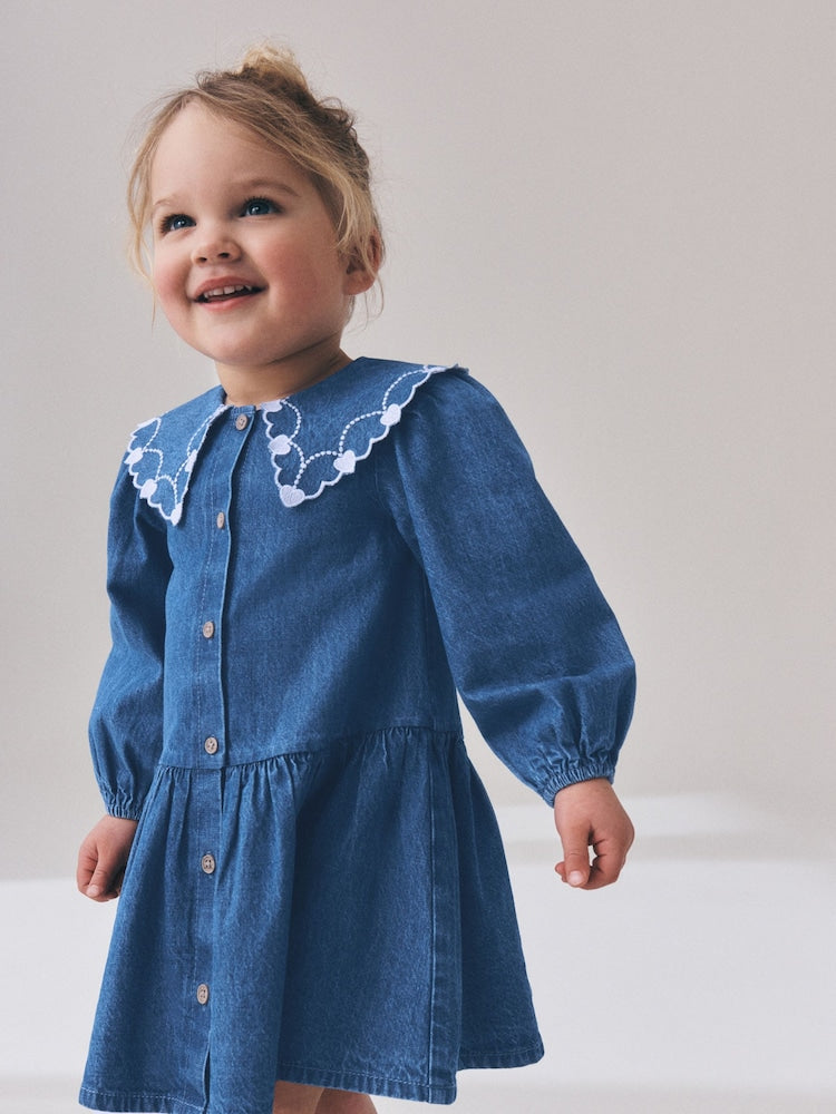 Blue Denim Long Sleeve Embroidered Collar Dress (3mths-8yrs) - Blue Denim Long Sleeve Embroidered Collar / 12-18 Months (80-86cm)