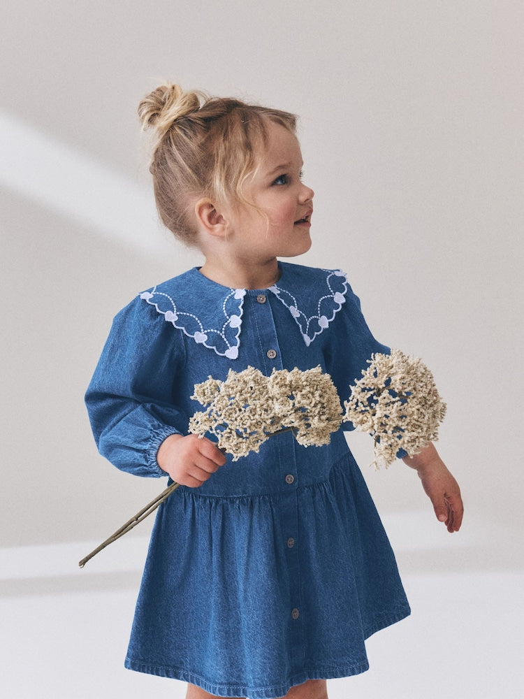Blue Denim Long Sleeve Embroidered Collar