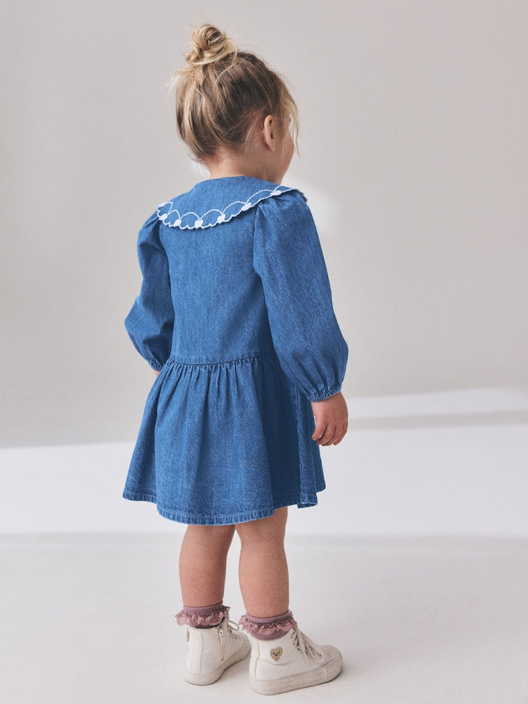 Blue Denim Long Sleeve Embroidered Collar