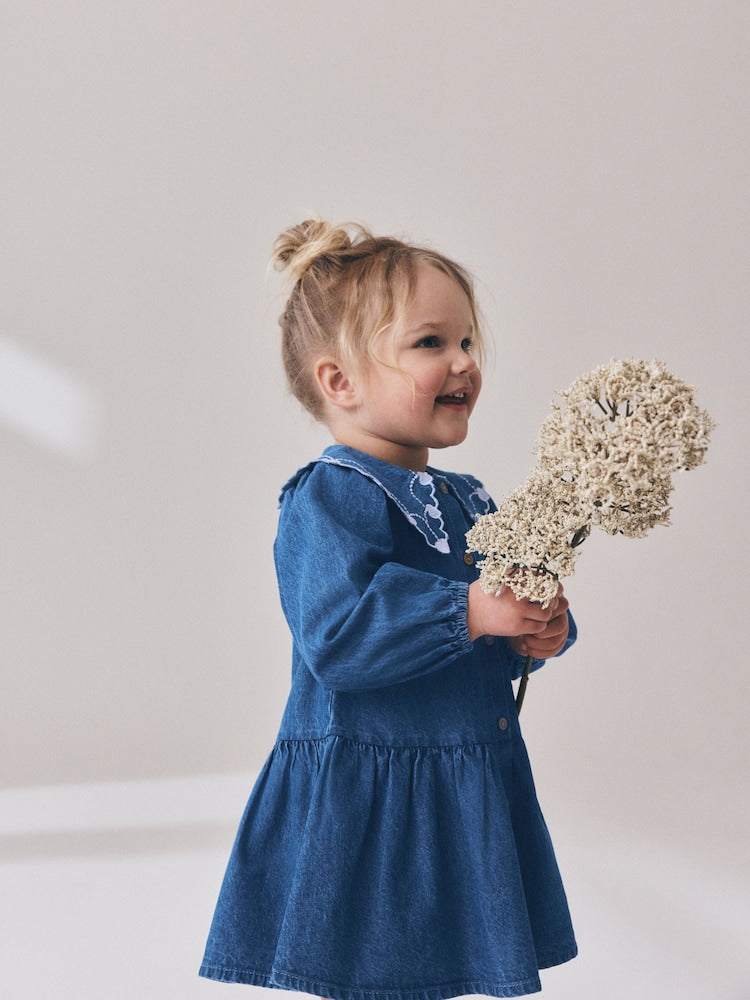 Blue Denim Long Sleeve Embroidered Collar