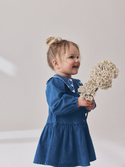 Blue Denim Long Sleeve Embroidered Collar