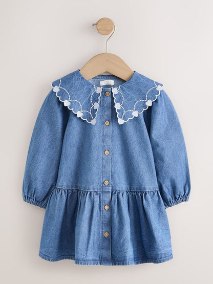 Blue Denim Long Sleeve Embroidered Collar