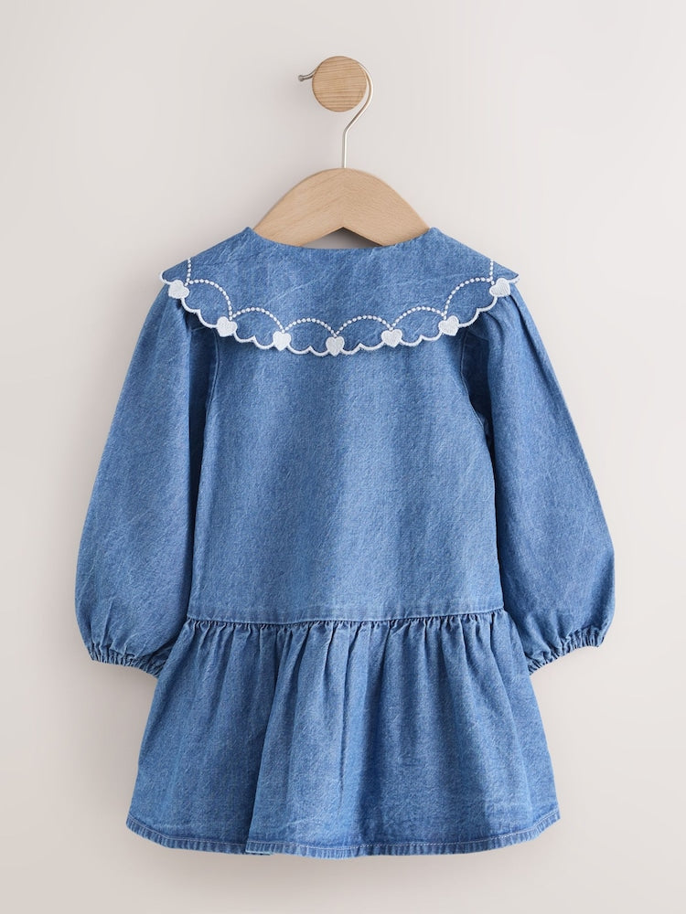 Blue Denim Long Sleeve Embroidered Collar