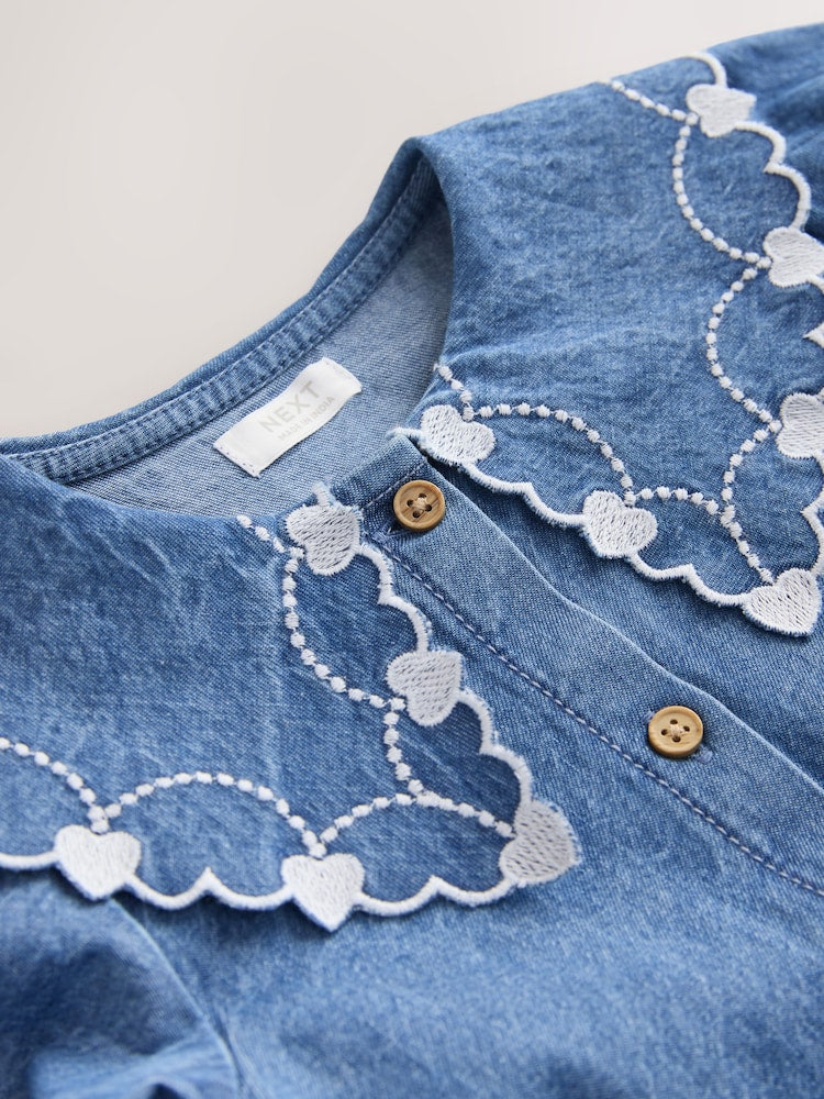 Blue Denim Long Sleeve Embroidered Collar