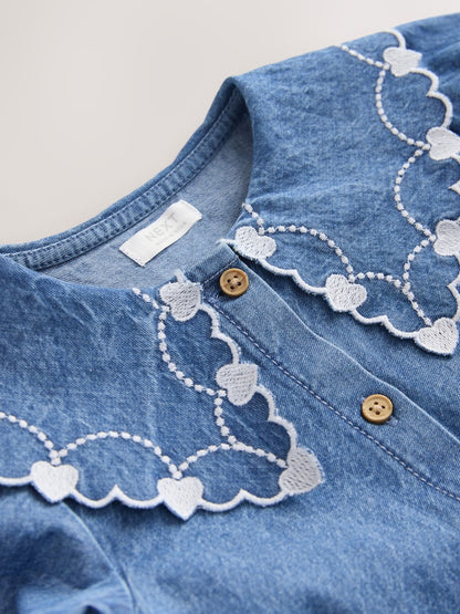 Blue Denim Long Sleeve Embroidered Collar
