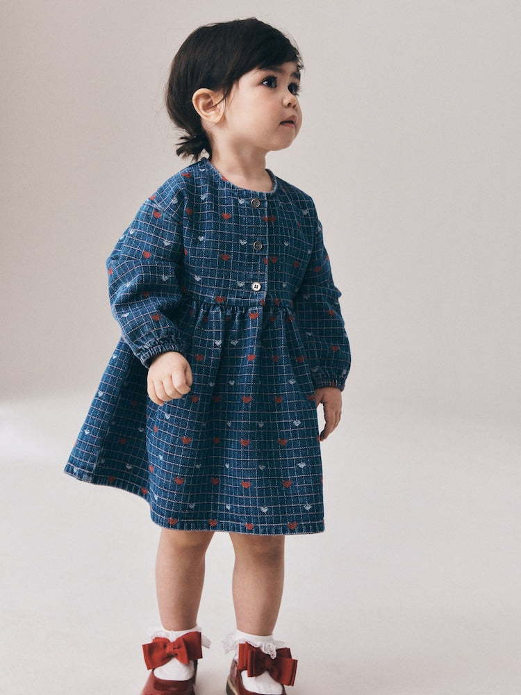 Blue Denim Jaquard Heart Denim Long Sleeve Dress (3mths-8yrs) - Blue Denim Jaquard Heart Denim Long Sleeve / 12-18 Months (80-86cm)