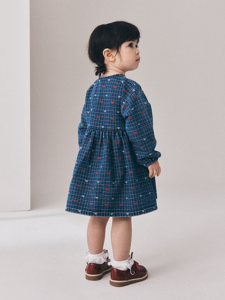Blue Denim Jaquard Heart Denim Long Sleeve